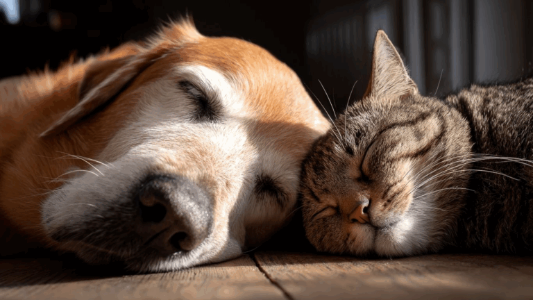 Hund und Katze liegen entspannt zusammen – Energiearbeit und Tierbegleitung im Allgäu bei Pamela Simon, SeelenSanft.
